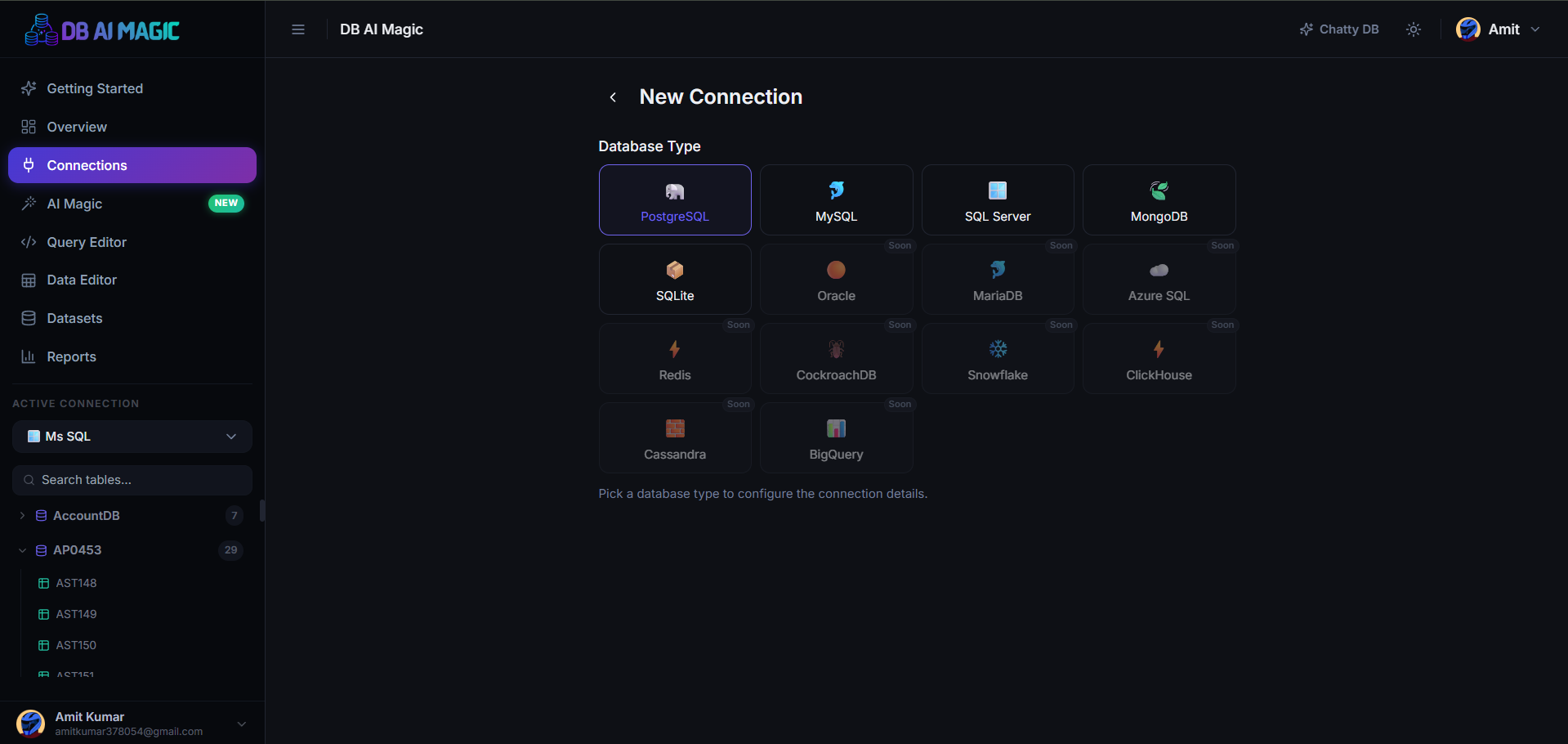 Adding a new connection — engine picker on the left, form on the right.